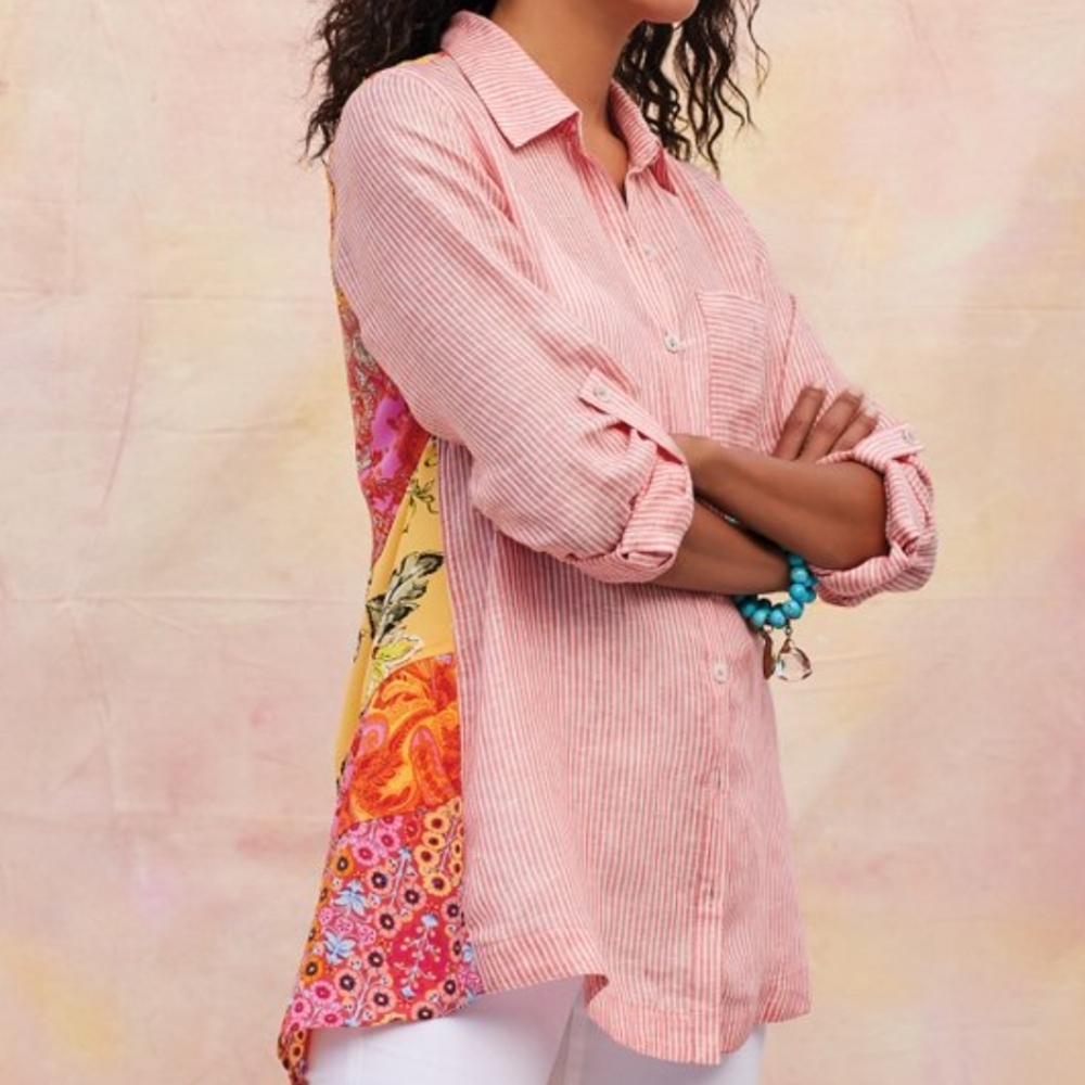 Soft Surroundings Pink and Yellow Patchwork Eden Island Linen Top - Picture 2 of 12